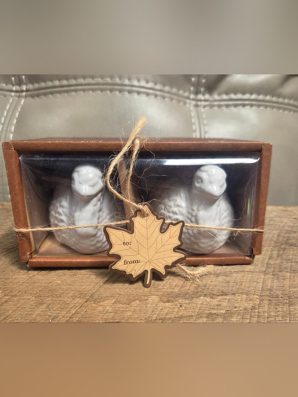 NWT Welcome Autumn Ceramic Salt & Pepper Shaker Set ~ Leaf Gift Tag ~ Bin 1D